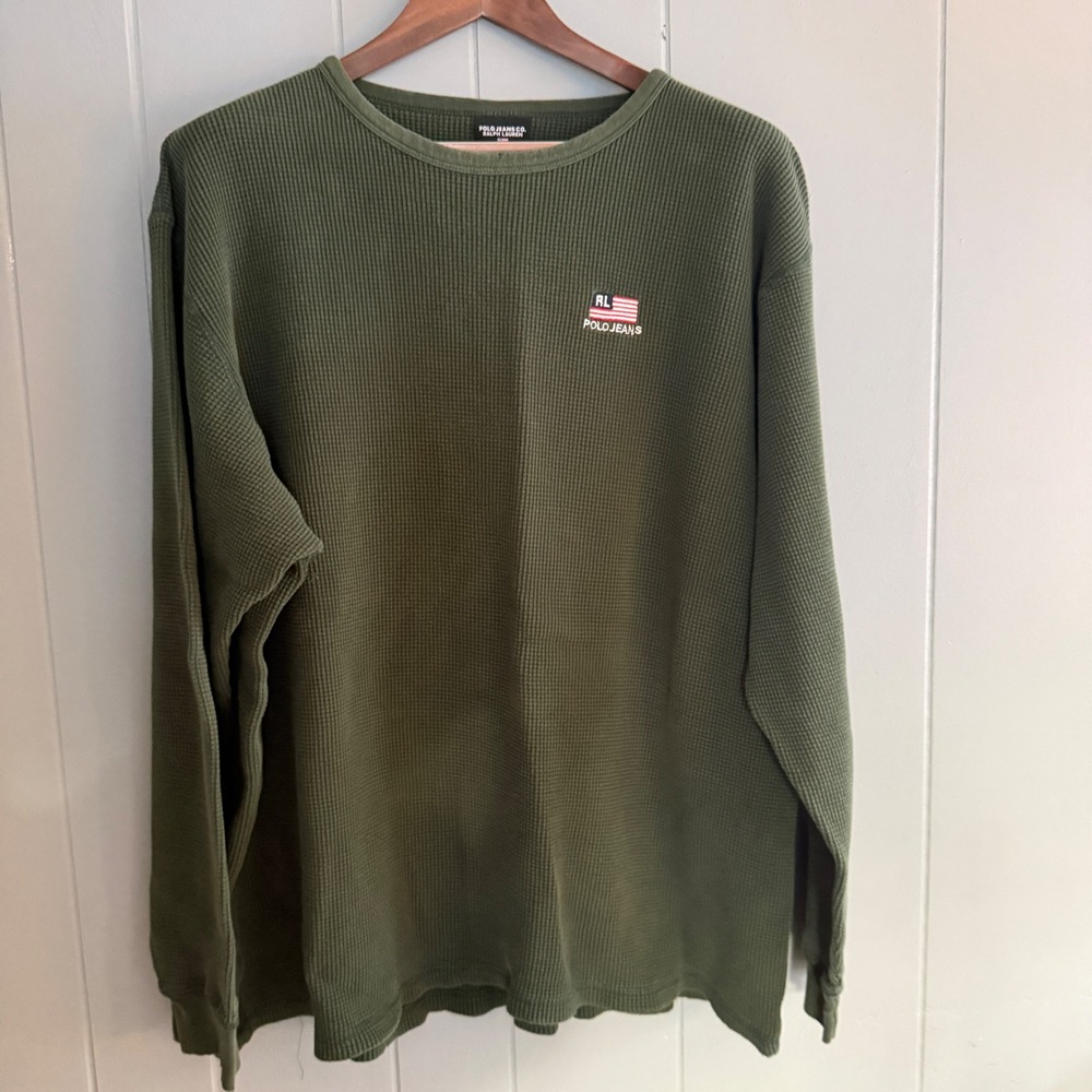 Polo Jeans Co Ralph Lauren Mens XXL Green Waffle Knit Thermal Long Sleeve Shirt